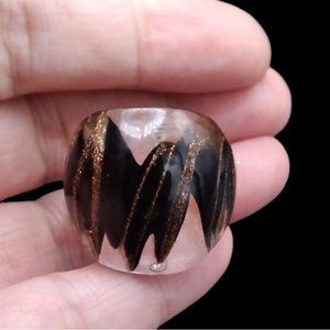 Murano Vintage Venetian Glass Ring Black with Copper Flecks ~ Size 6.5